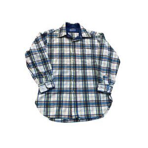Pendleton Blue White 100% Virgin Wool Plaid Print Button Down Shirt Size Medium